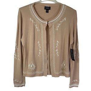 Finity Tan Embroidered Cardigan Sweater M Neutral Nude Lightweight